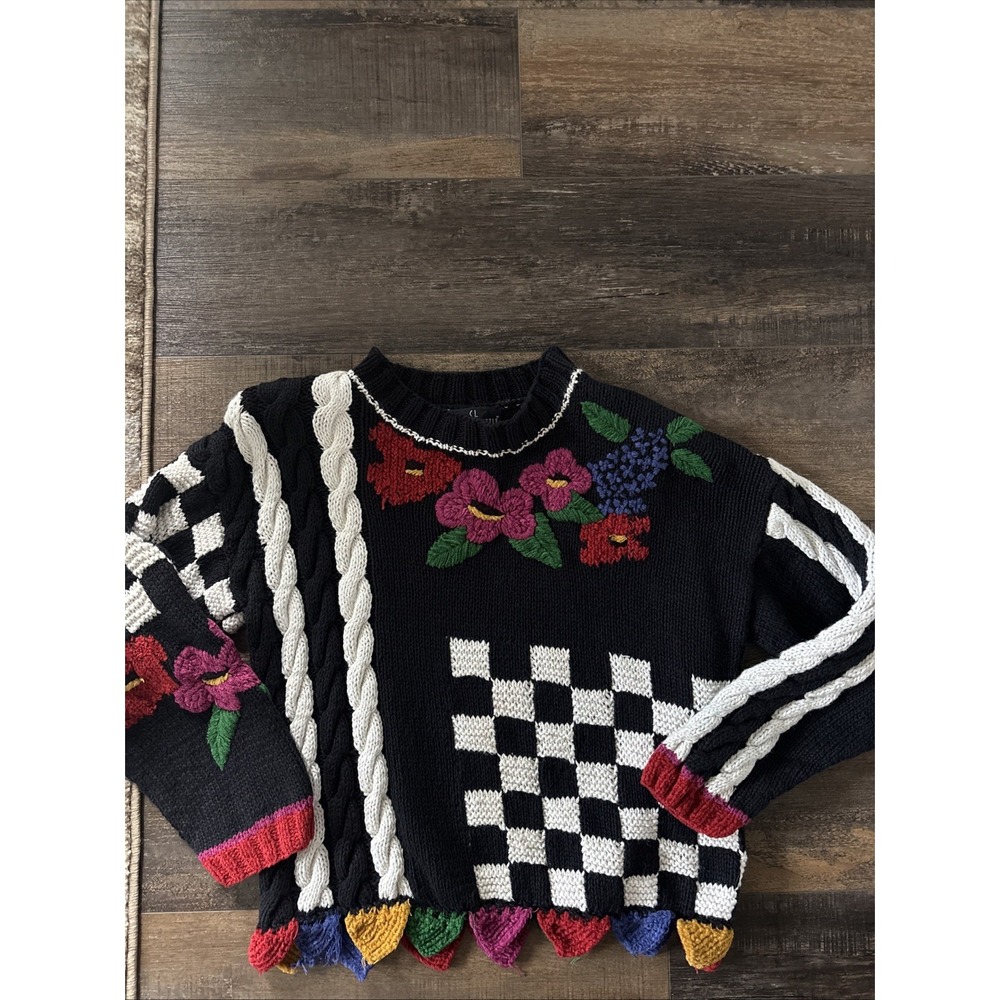 Carol Little 80's VTG Knit Funky Black White Floral Chunky Sweater Small